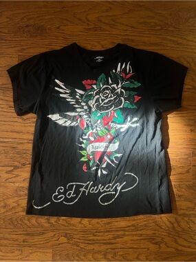 Ed Hardy Black Graphic Tee with Rose and Wings
